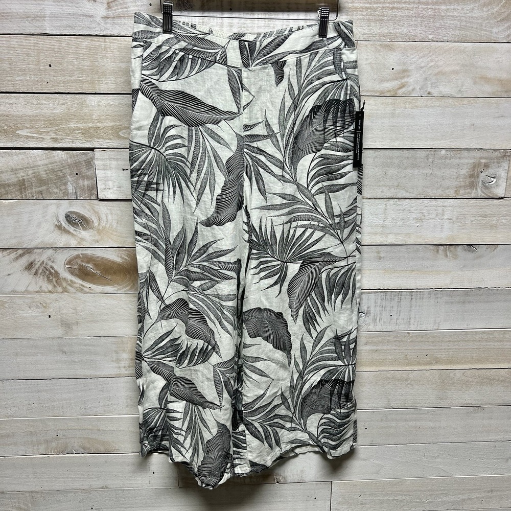 Tahari Wide Leg Linen Pants Womens Large Black White Tropical Pull On Resort - Picture 1 of 10